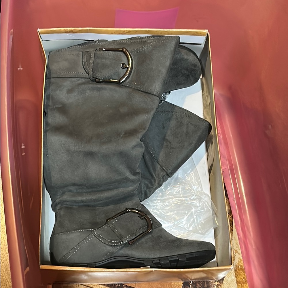 Gray Boots with Buckle Details